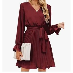 Burgundy Long Sleeve Wrap‎ Dress Pleated Mini Dress Tie-Belt Medium